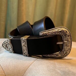 Black Leather Western Belt with Silver Buckle